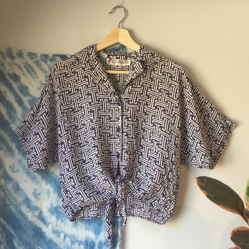 Vintage 90s 80s Rayon Navy Top Blouse